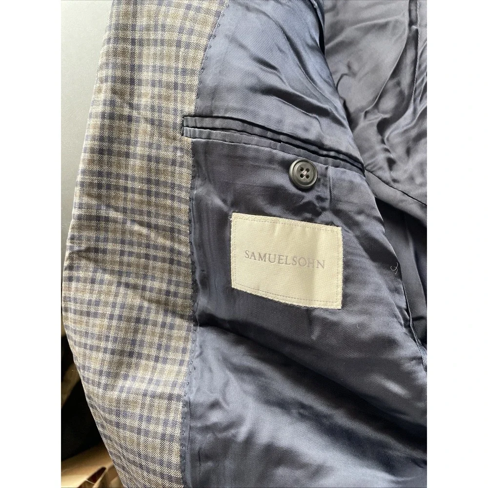Samuelsohn Yardley 40S Wool Multi Blue Check Blazer Pockets sown shut